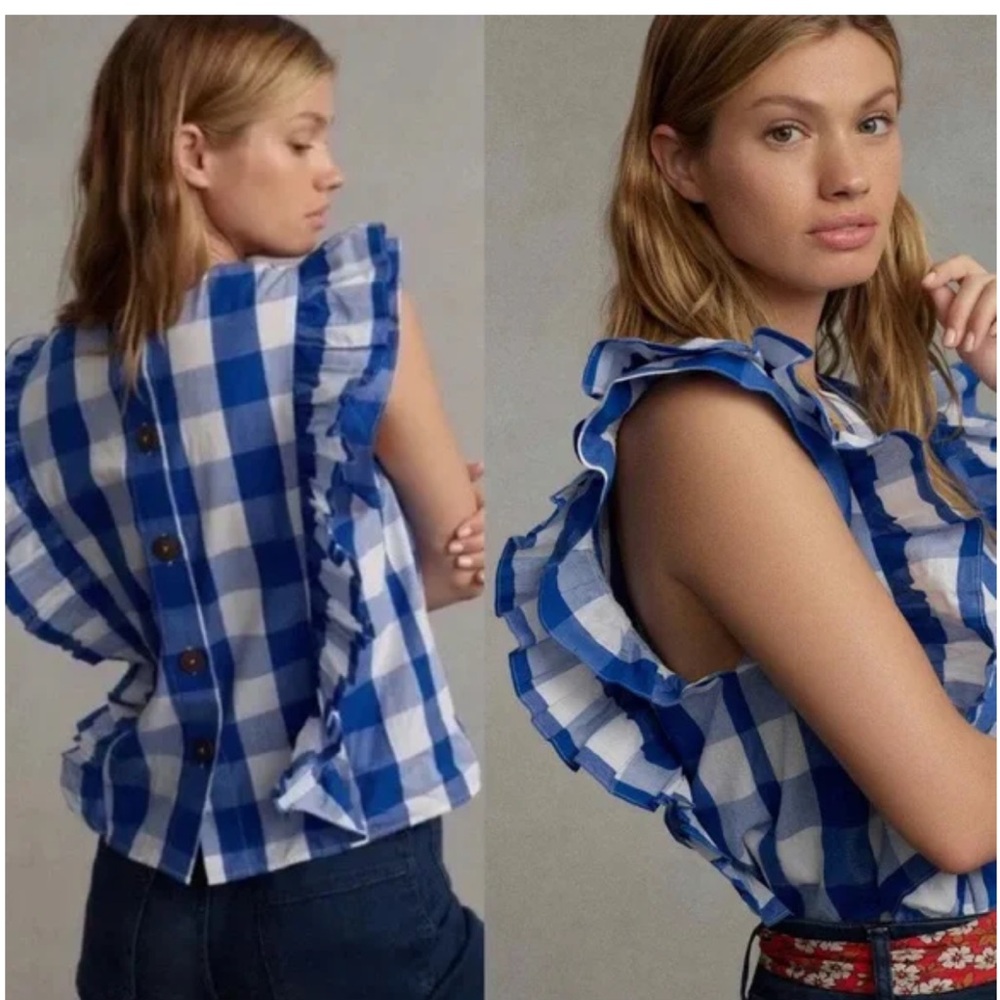 Anthropologie WHIT TWO Blue and White Gingham Ruffle Blouse